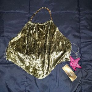NWT Just Polly green velvet chain halter top handkerchief blouse shirt size L